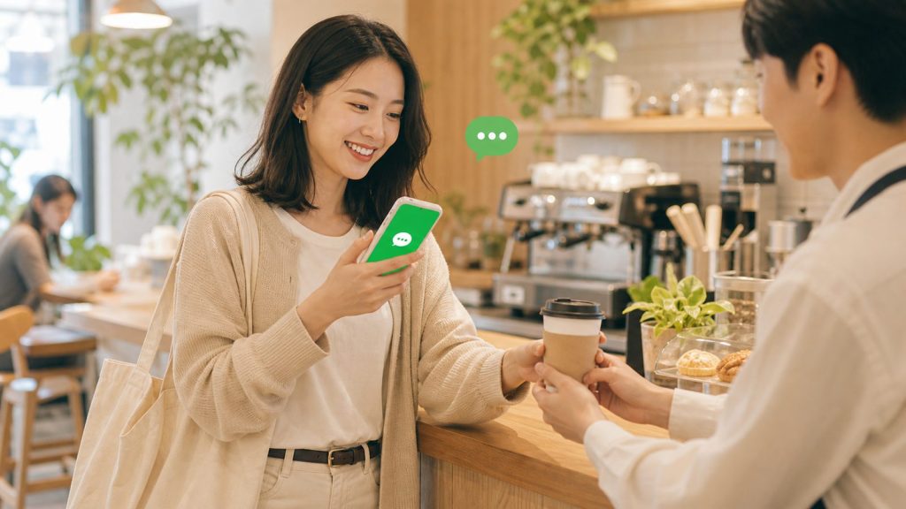 咖啡店内使用手机确认订单的场景，LINE使用文章配图