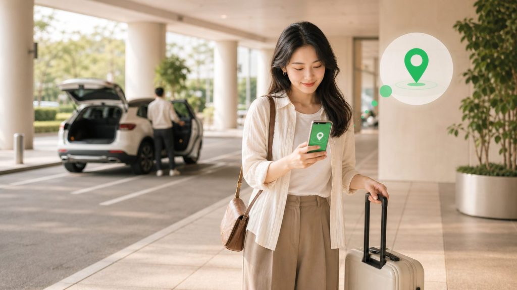乘客通过手机确认接车位置的场景，LINE使用文章配图